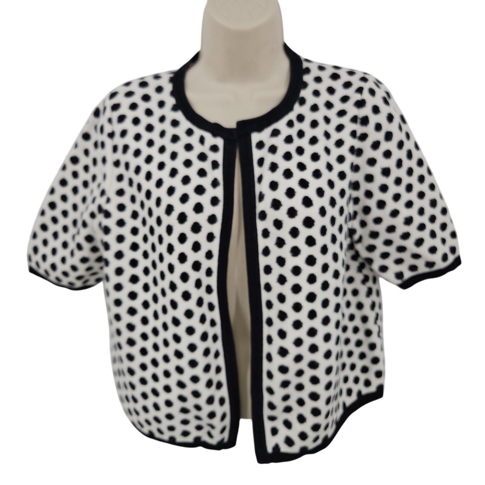 VTG Chico's Cardigan Womens 1 M Black‎ White Polka Dot Open Front Knit Preppy